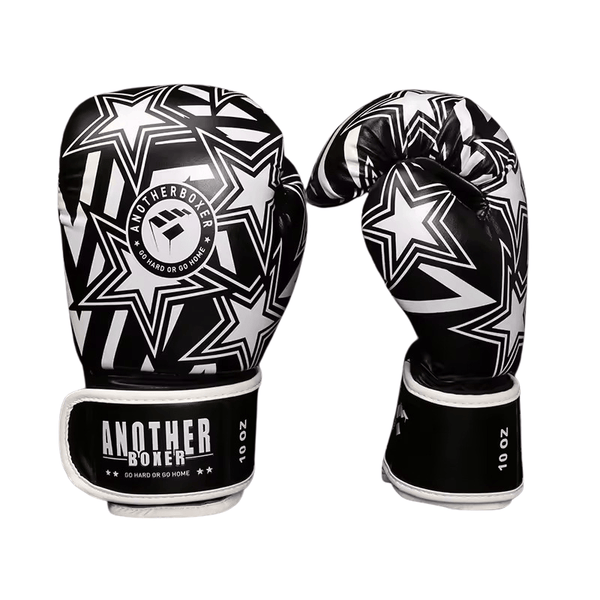 Gants de boxe noirs et blancs avec un motif d'étoiles et le logo Another Boxer.