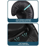 Gants de boxe noirs avec rembourrage épais et paume en mesh respirant.