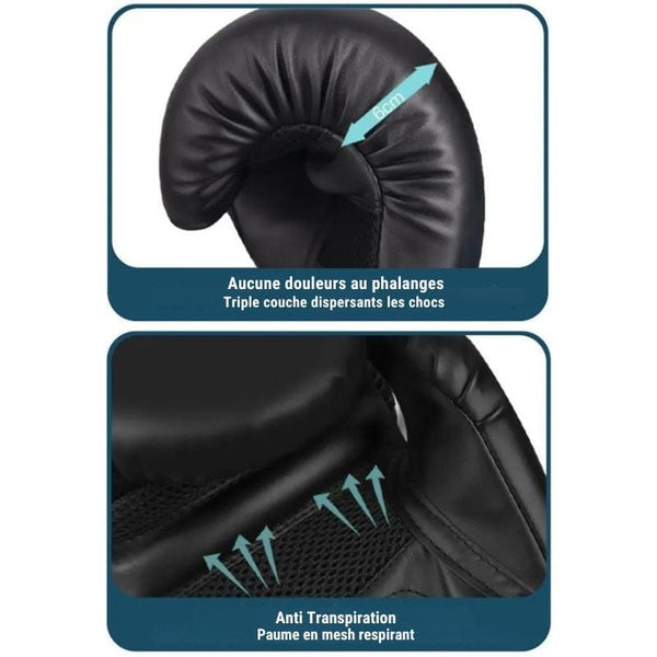 Gants de boxe noirs avec rembourrage épais et paume en mesh respirant.