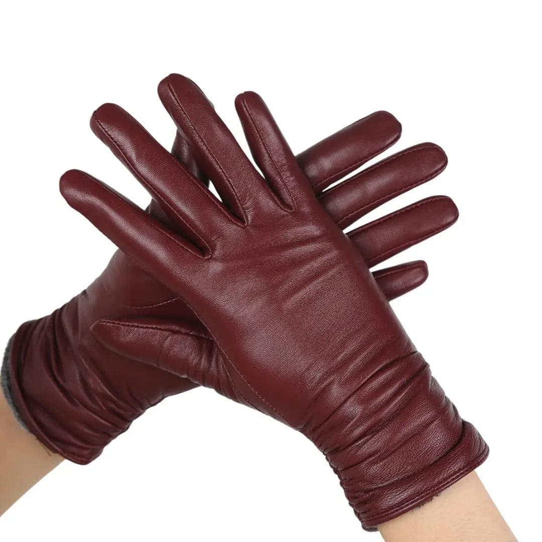 Gants classiques montants en cuir bordeaux pour femmes.