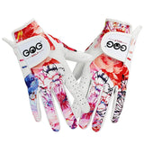 Gants de golf blancs pour femmes avec motif floral coloré.