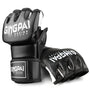Gants MMA noirs demi-doigts avec logo blanc.