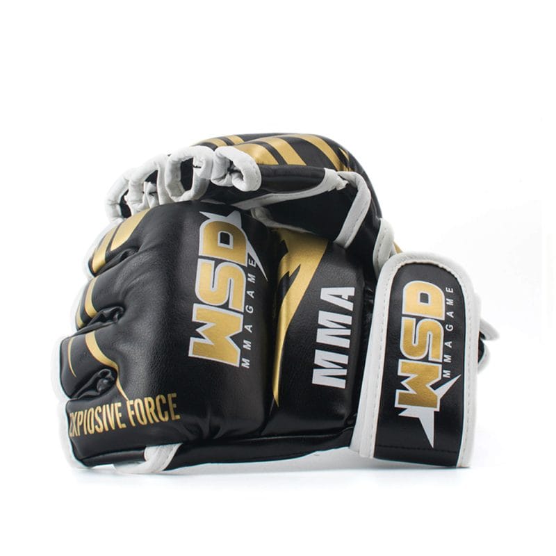 Gants MMA mitaines noirs et dorés pour hommes avec logo WSD.