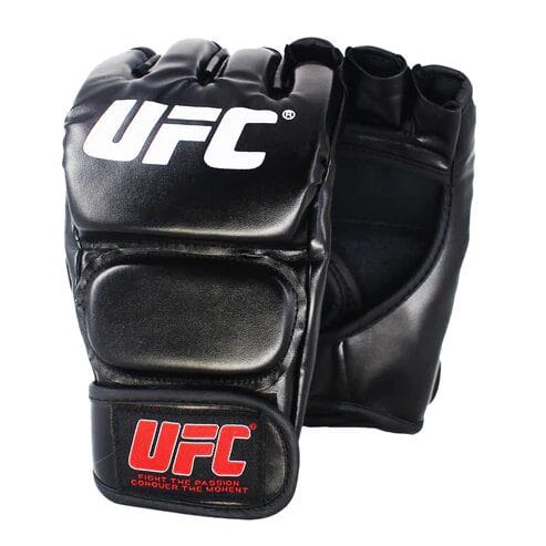 Gants MMA UFC noirs avec logo blanc sur le dessus.