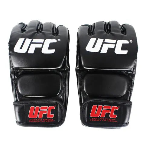 Gants MMA UFC noirs avec logos blanc et rouge.