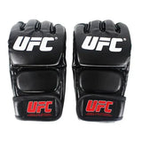 Gants MMA UFC noirs avec logos blanc et rouge.