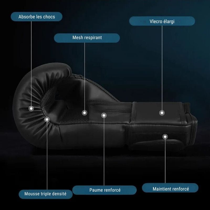 Gants de boxe noirs avec amorti, paume en mesh et fermeture velcro.