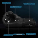 Gants de boxe noirs avec amorti, paume en mesh et fermeture velcro.