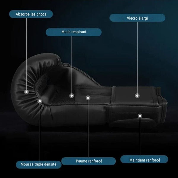 Gants de boxe noirs avec amorti, paume en mesh et fermeture velcro.