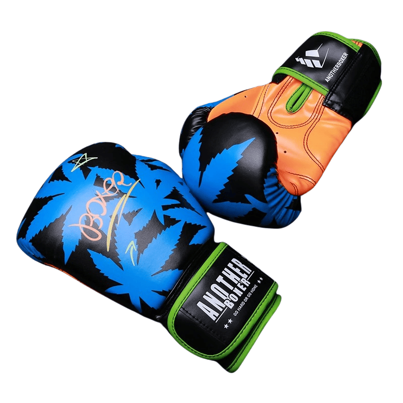Gants de boxe Another Boxer Fury avec motif feuilles bleues et orange.