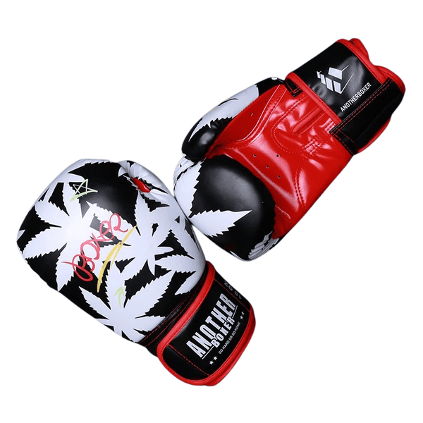 Gants de boxe Another Boxer Fury rouges et blancs avec motif feuilles.