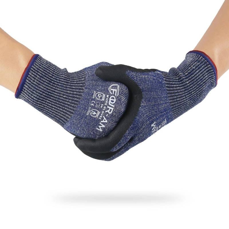 Gant de travail bleu avec revêtement noir et logo blanc.