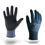 Gants de travail noirs et bleus anti-coupure avec poignets côtelés.