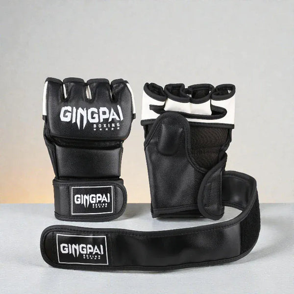 Gants MMA demi-doigts noirs et blancs avec logo Gingpai.