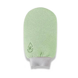 Gant de gommage corporel vert avec logo discret.