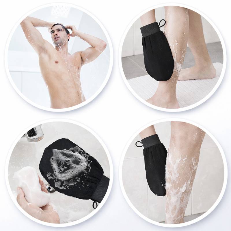 Gant de toilette noir pour bain, doux et exfoliant.