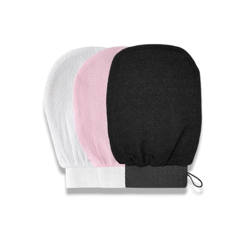 Trois gants de toilette de bain éco doux en blanc, rose et noir.