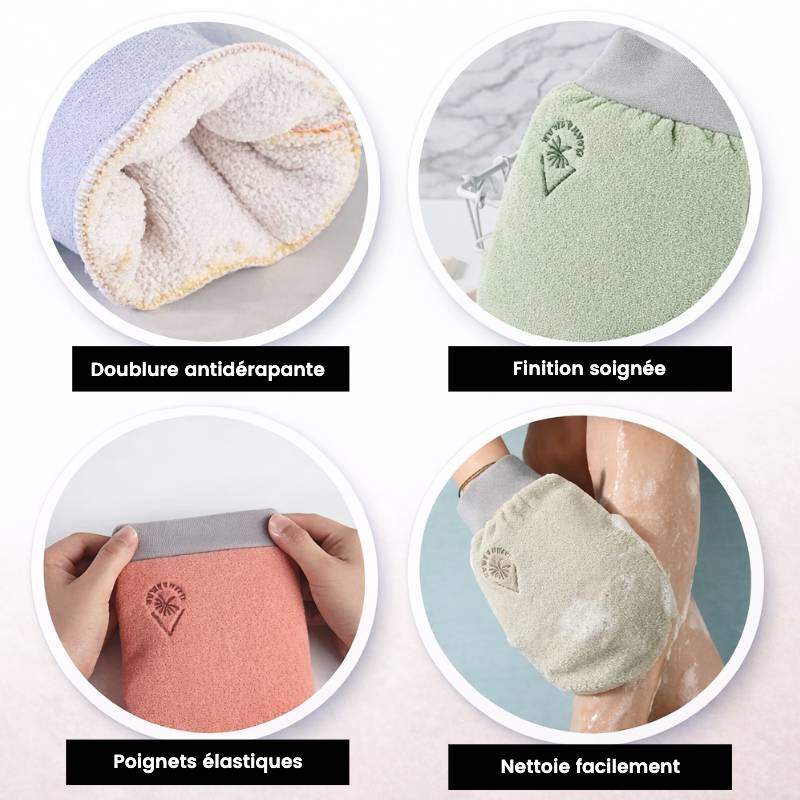 Gant de gommage corporel avec doublure antidérapante et poignets élastiques.