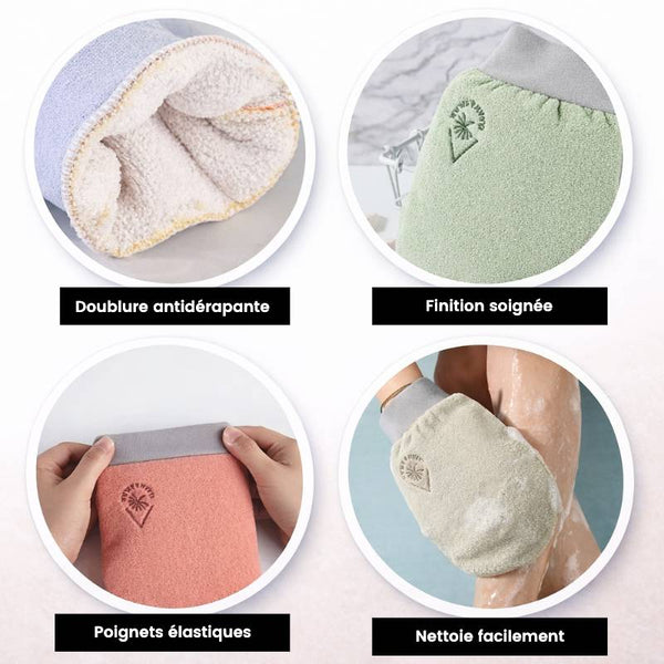 Gant de gommage corporel avec doublure antidérapante et poignets élastiques.