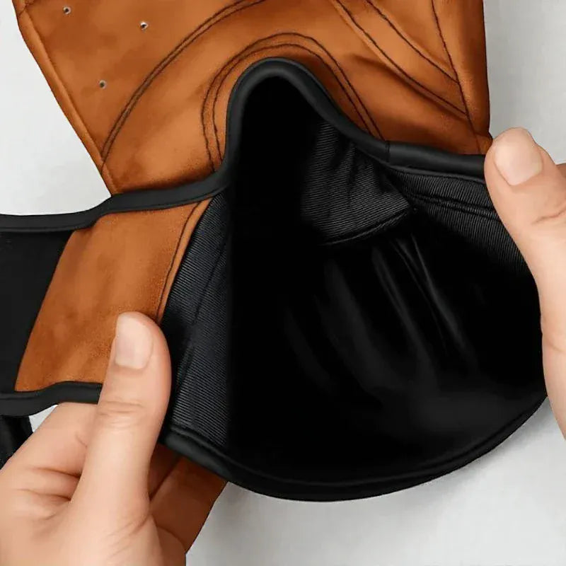 Gants de boxe en cuir marron avec doublure noire.