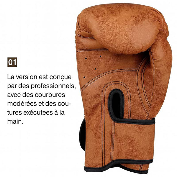 Gants de boxe en cuir marron avec coutures apparentes.
