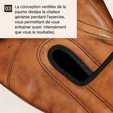 Gants de boxe en cuir marron avec paume ventilée.