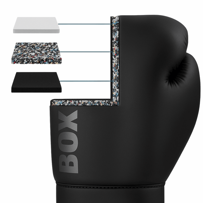 Gants de boxe noirs avec couches de rembourrage visibles.