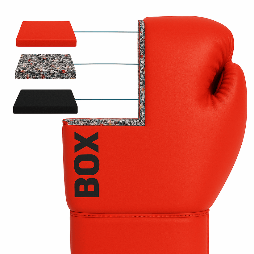 Gants de boxe rouges montrant les couches de rembourrage internes.