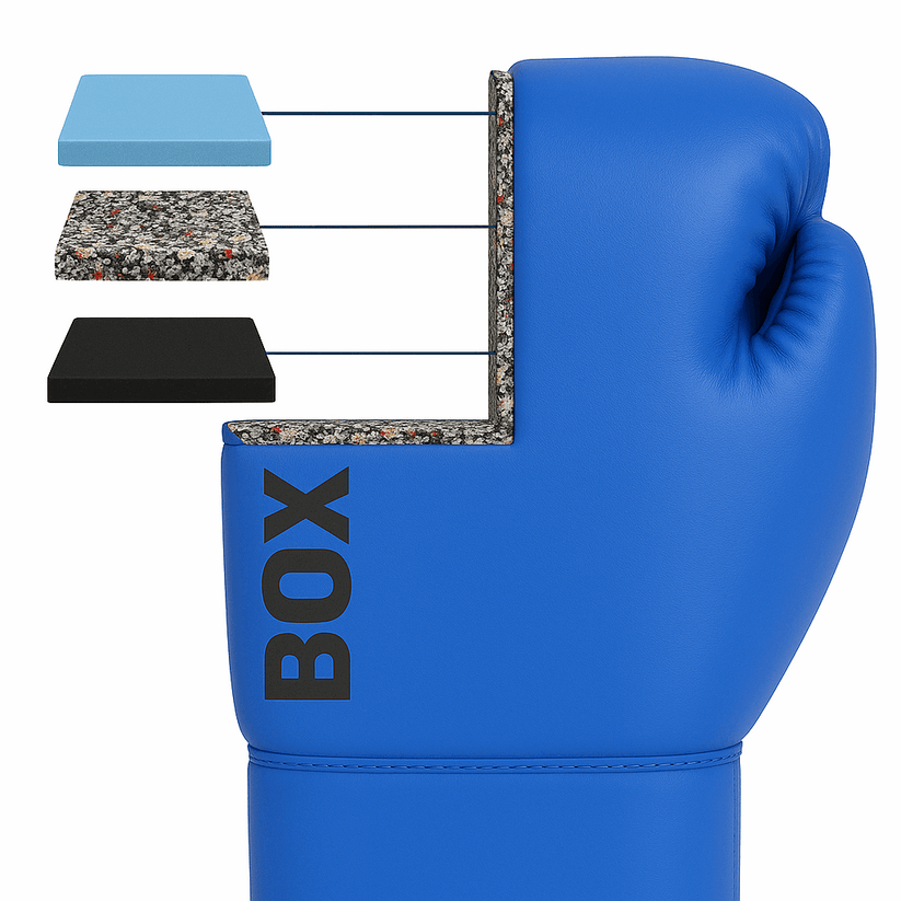 Gants de boxe bleus montrant des couches de rembourrage et le mot "BOX".