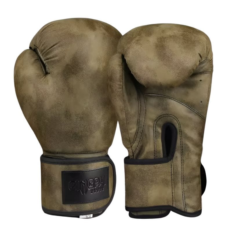 Gants de boxe en cuir synthétique de couleur kaki avec un logo noir.