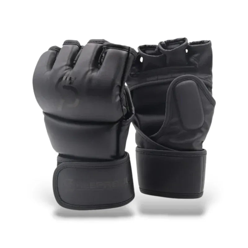 Gants MMA noirs ouverts aux doigts avec fermeture velcro.