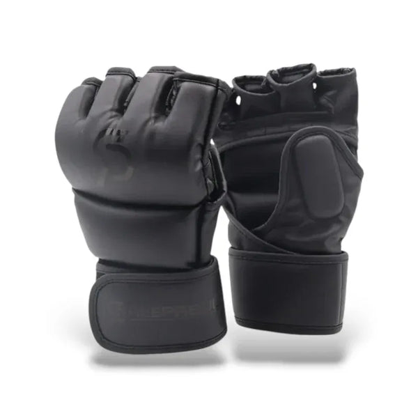 Gants MMA noirs ouverts aux doigts avec fermeture velcro.