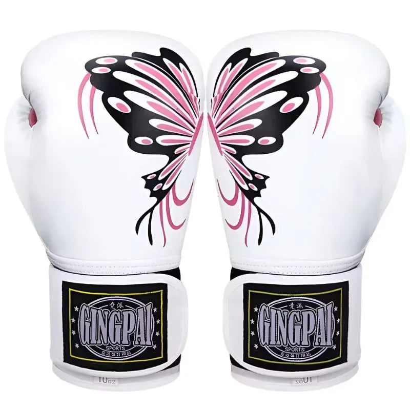 Gants de boxe blancs pour femme avec un motif de papillon rose et noir.