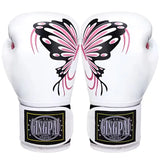 Gants de boxe blancs pour femme avec un motif de papillon rose et noir.