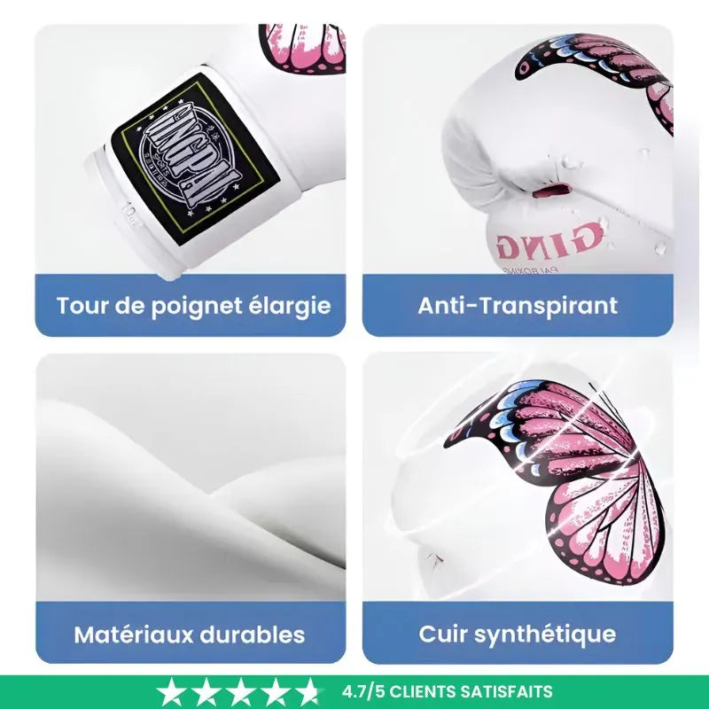 Gants de boxe blancs pour femme avec motif papillon, poignet élargi, anti-transpirant, matériaux durables et cuir synthétique.