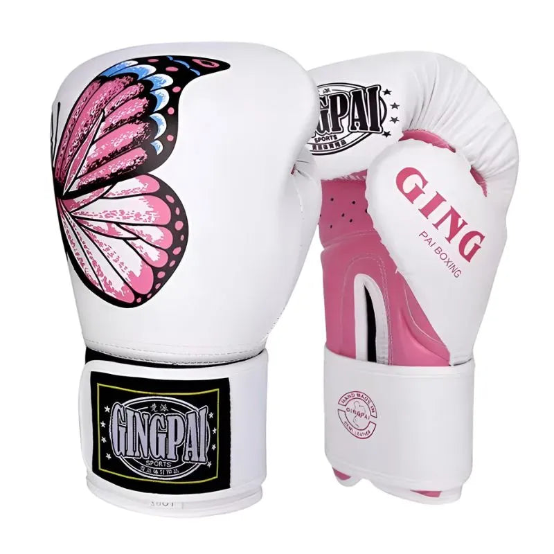 Gants de boxe blancs et roses pour femme avec un motif papillon.