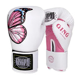Gants de boxe blancs et roses pour femme avec un motif papillon.
