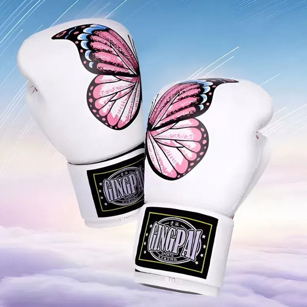 Gants de boxe blancs pour femme avec motif papillon rose et étiquette noire.