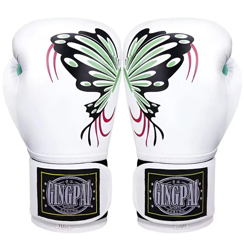 Gants de boxe blancs pour femme avec un motif de papillon et un logo Gingpai.