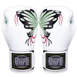 Gants de boxe blancs pour femme avec un motif de papillon et un logo Gingpai.