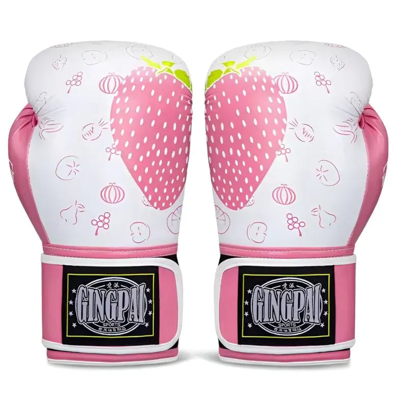 Gants de boxe roses et blancs pour femme avec un motif de fraises et de fruits.