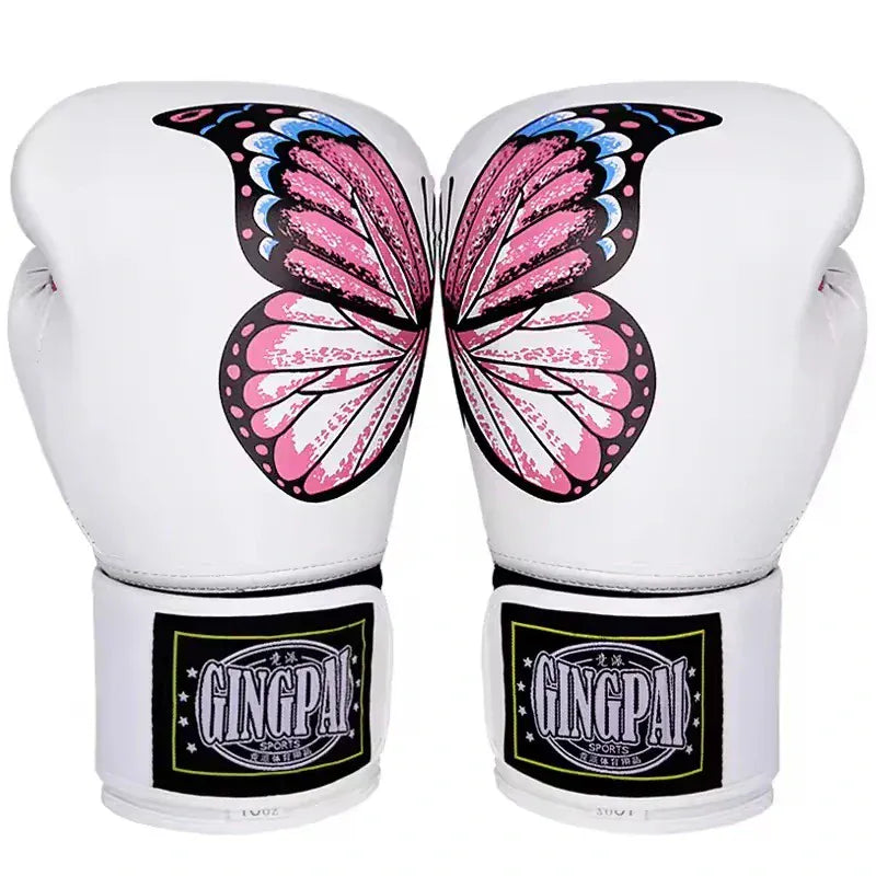 Gants de boxe blancs pour femme avec un motif de papillon rose sur le dessus.