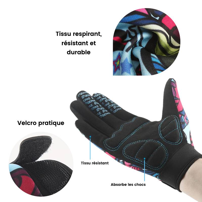Gants VTT femme noirs avec motifs colorés, fermeture velcro et tissu résistant.