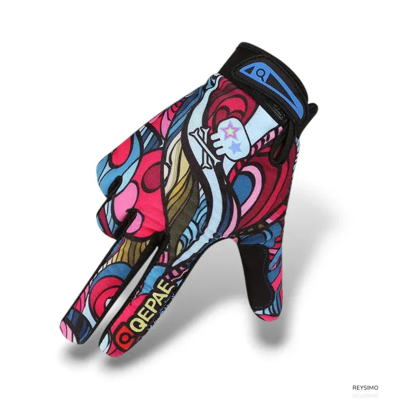 Gants VTT femme avec motifs colorés et logo QEPAE.