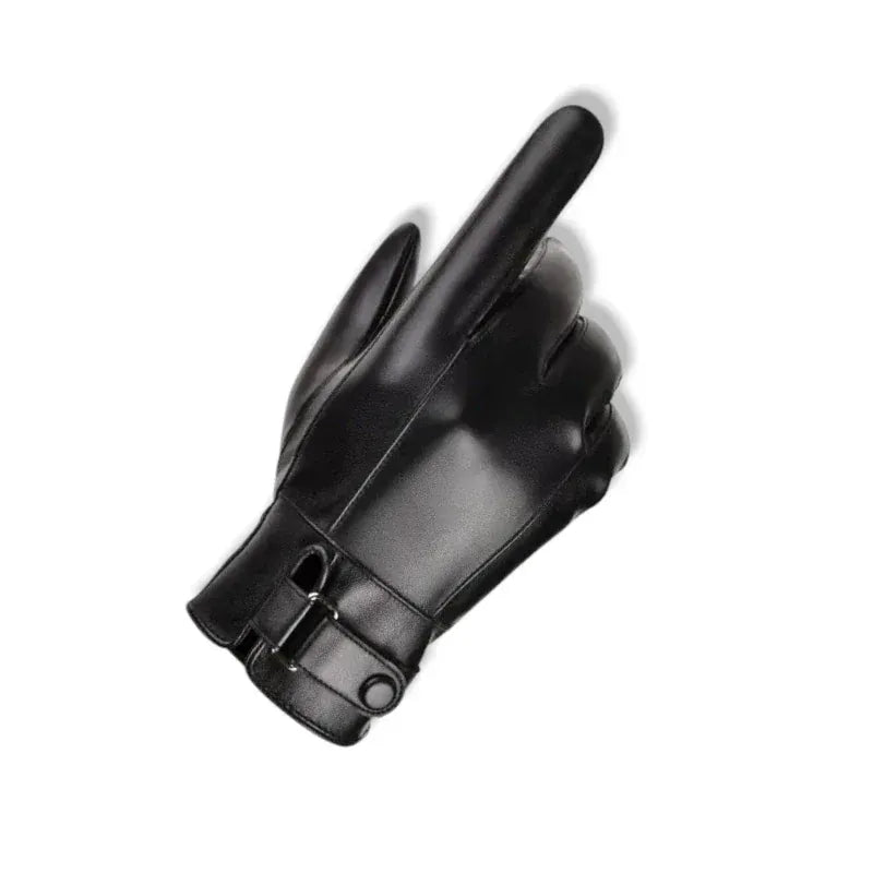 Gants en cuir noir avec boucle au poignet et index levé.