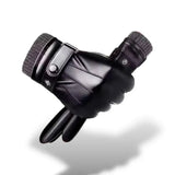 Gants en cuir noir pour hommes avec doublure en laine et boucle de réglage.