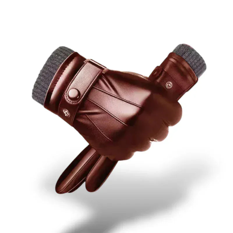 Gants en cuir marron avec poignets en laine grise et fermeture à bouton.