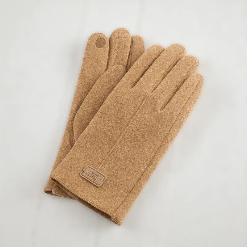 Gants en daim marron avec doublure en velours et technologie tactile.