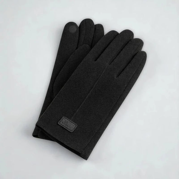 Gants noirs en daim épais avec doublure en velours et technologie tactile.