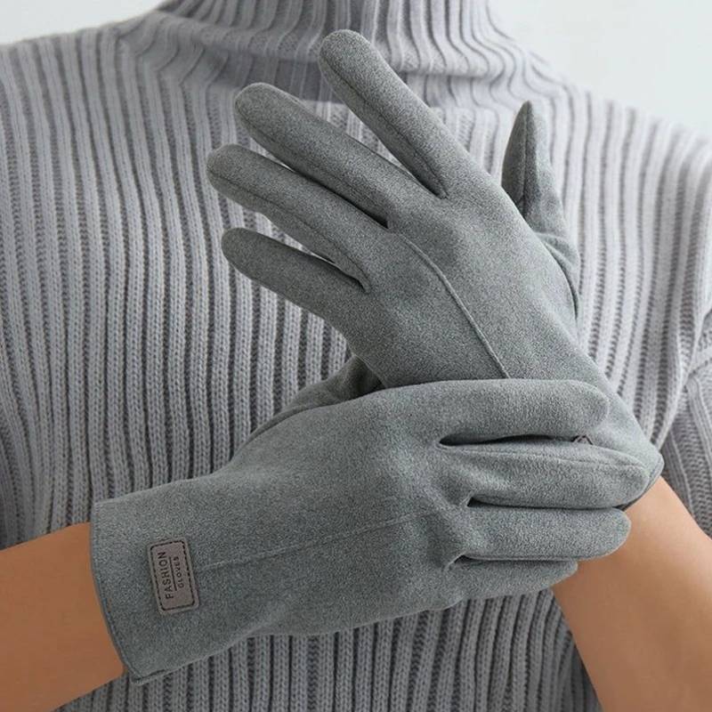 Gants en daim gris épais avec étiquette "Fashion Gloves".